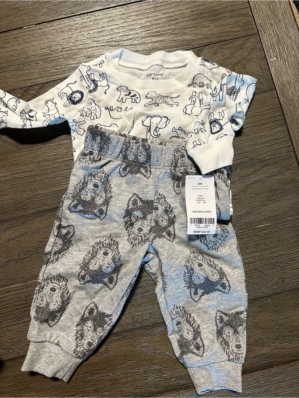 Carter's White & Gray Baby Animal Print Top and Wolf Joggers